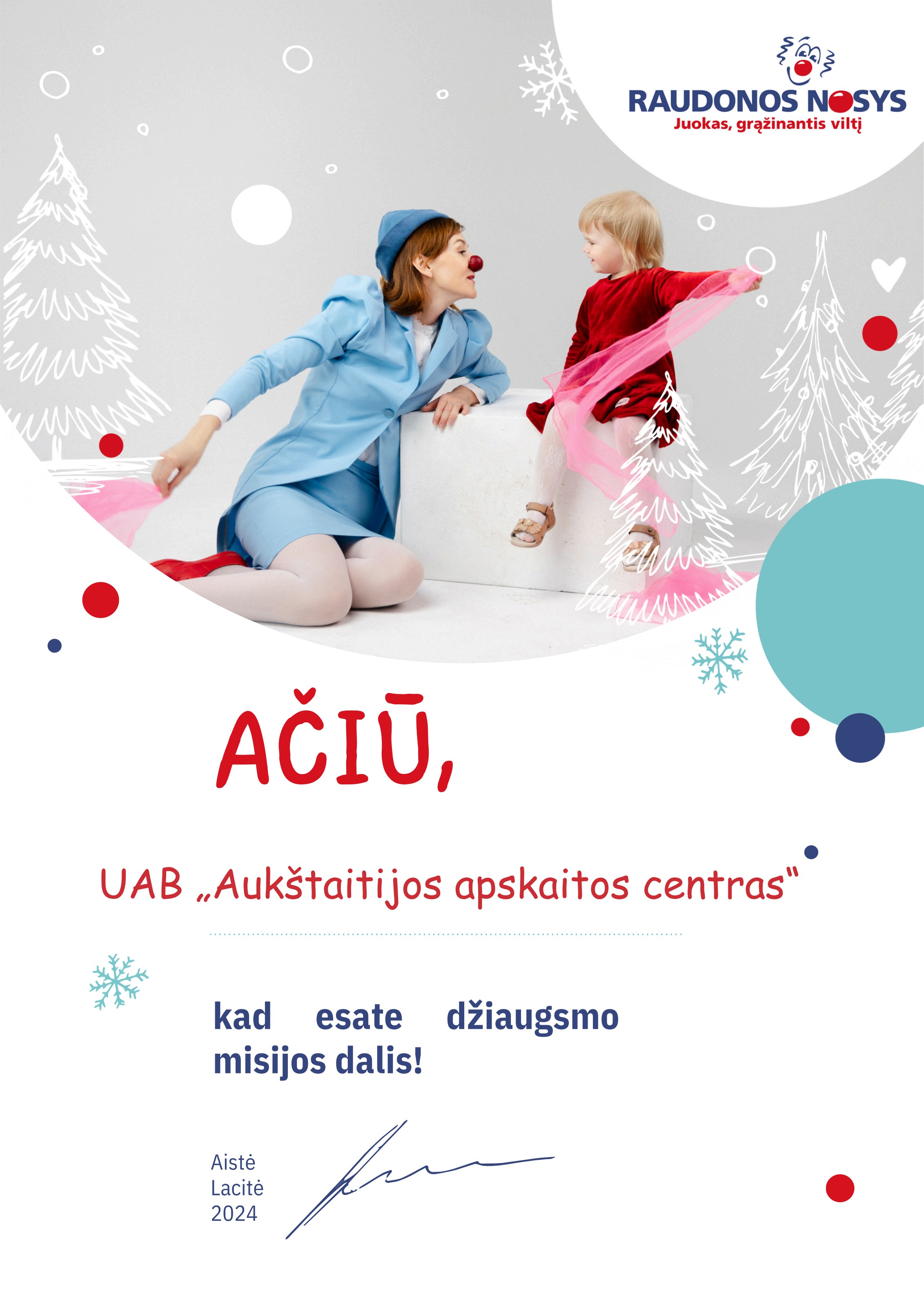 Asociacijos „Raudonos nosys“ padėka UAB Aukštaitijos apskaitos centrui